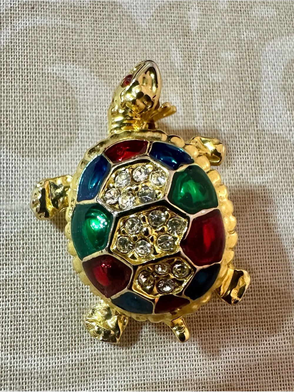 Gold-tone Turtle Brooch with Multicolor Enamel & Rhinestones
